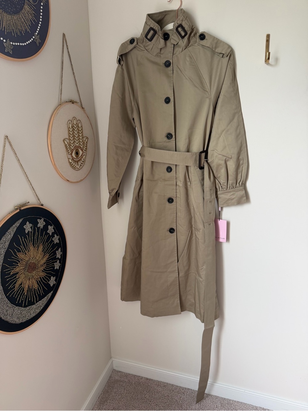 Avec Les Filles Khaki high neck Belted cotton Trench Coat